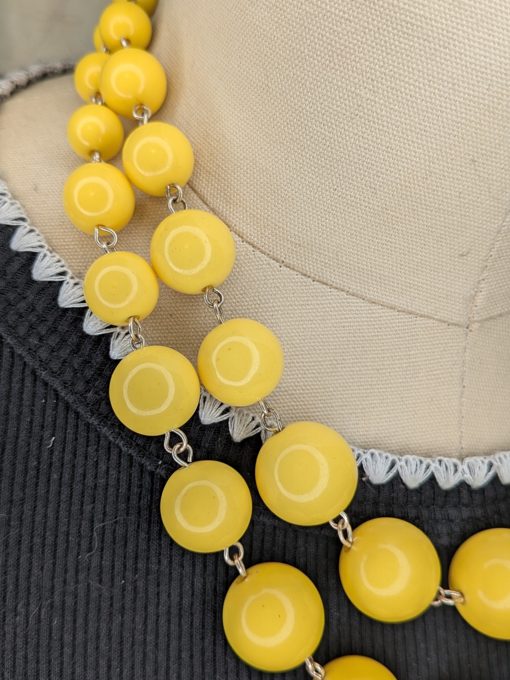 Vibrant Yellow Double Strand Graduated Bead Statement Necklace 9 Inch Drop - Picture 3 of 4